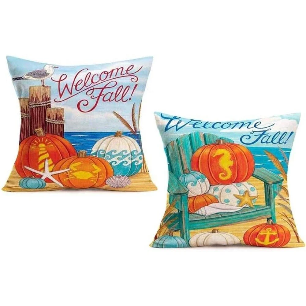 Set of 4 Welcome Fall Throw Pillow Covers Cotton Linen Ocean Beach Theme 18